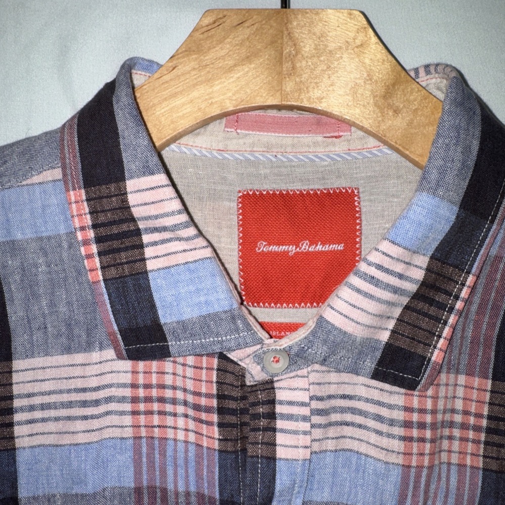 Tommy Bahama LS Button Up Shirt Men's XXL Plaid 100% Linen Island Modern Fit